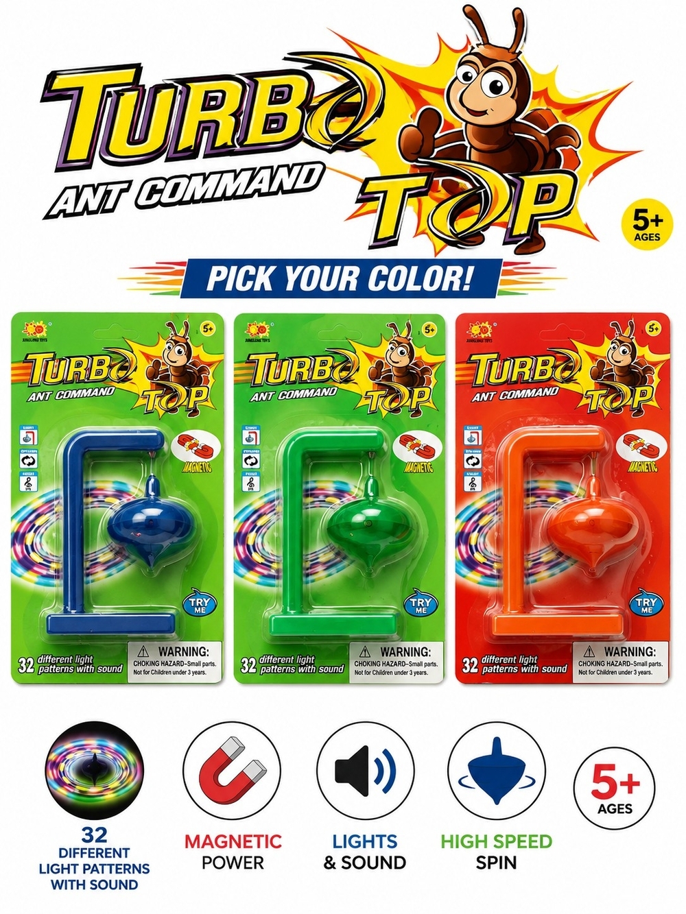 Turbo Ant Command Magnetic Light-Up Spinning Top – Pick Your Color NIB